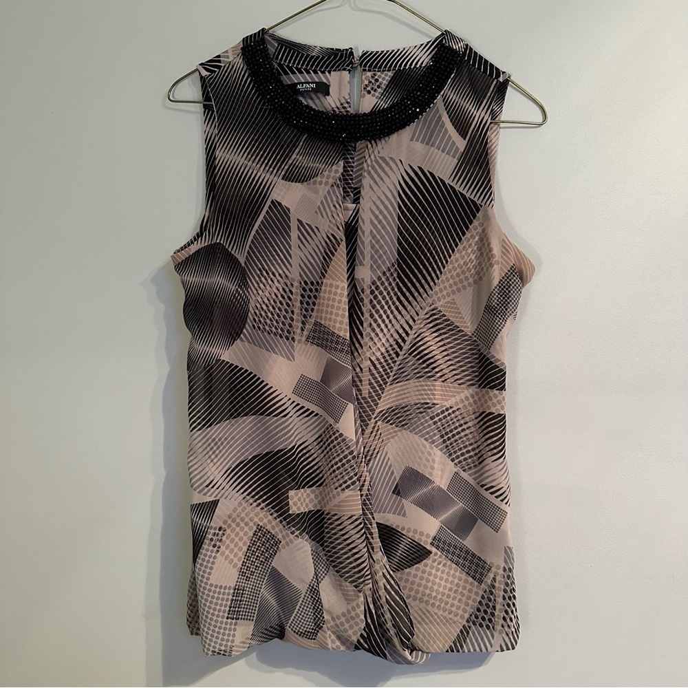 Alfani Beige and black patterned sleeveless blouse with beaded neckline